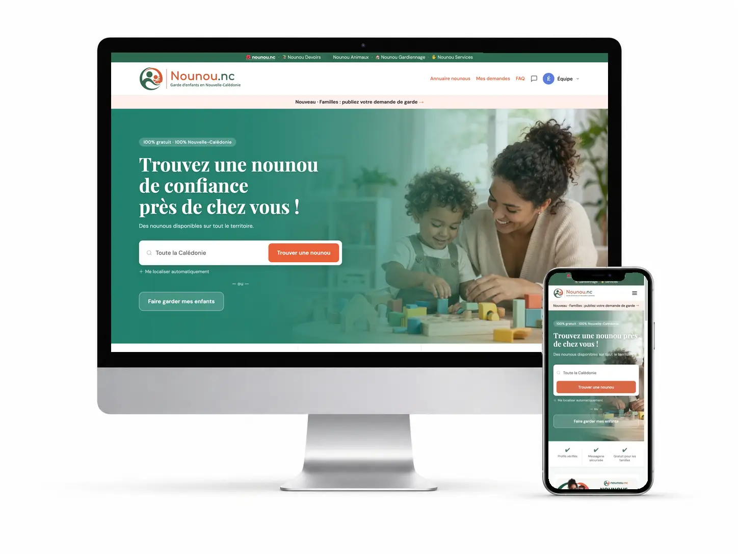 Le site nounou.nc présenté sur l’écran de bureau argenté et le téléphone fournis par LabEvents