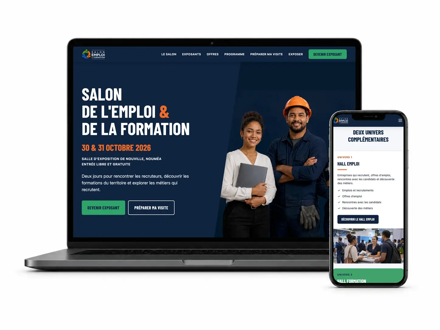 Le site salonemploi.nc présenté sur l’ordinateur portable noir et le téléphone noir fournis par LabEvents