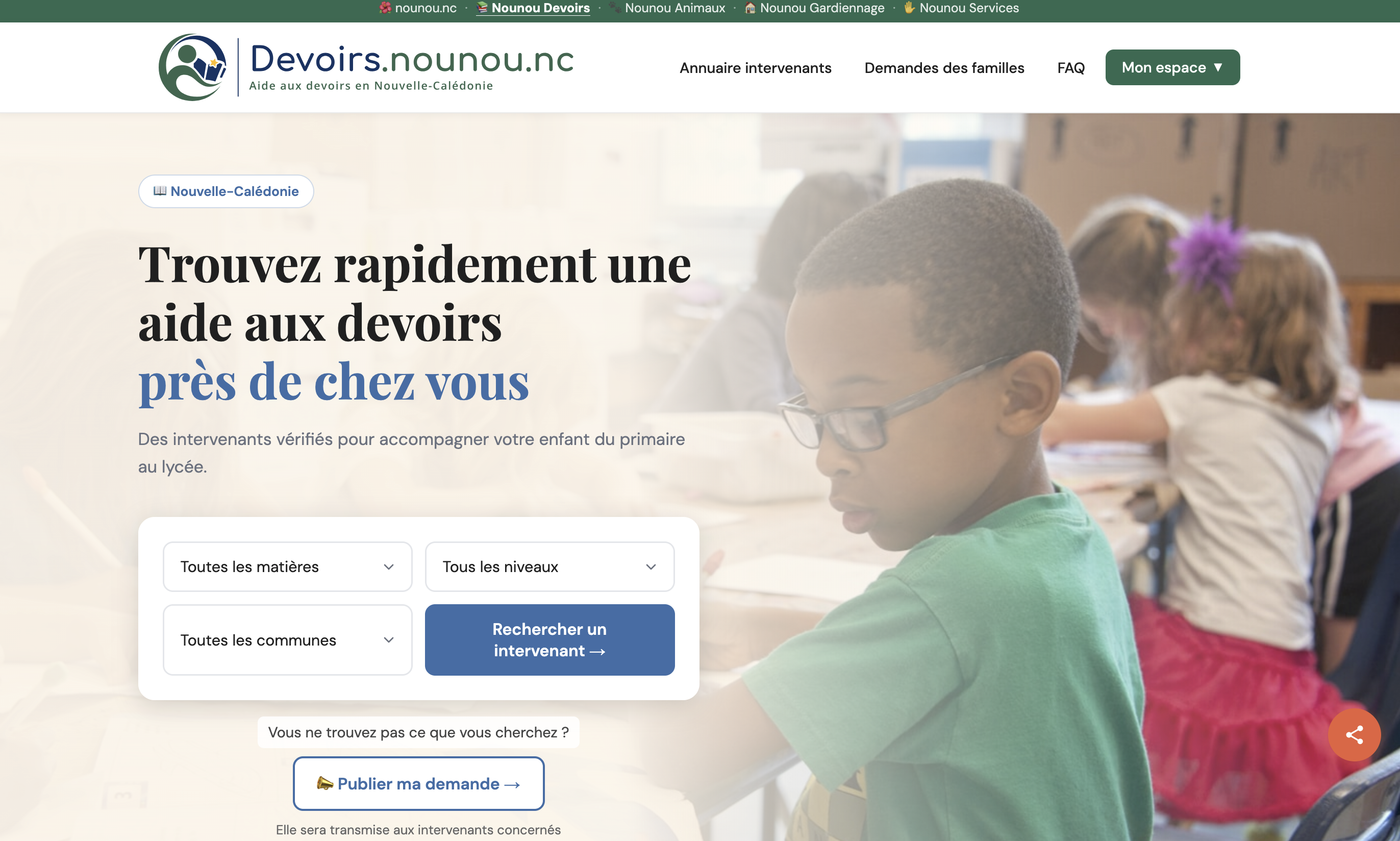 Capture de la page d’accueil de devoirs.nounou.nc