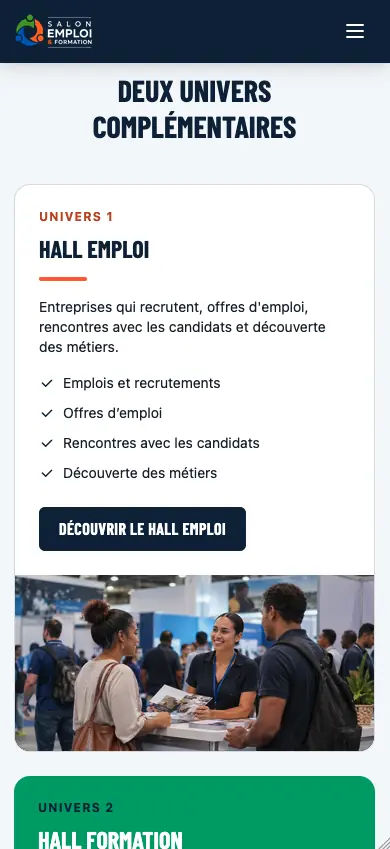 Capture de la page d’accueil du site salonemploi.nc sur mobile montrant les deux univers complémentaires et le Hall Emploi